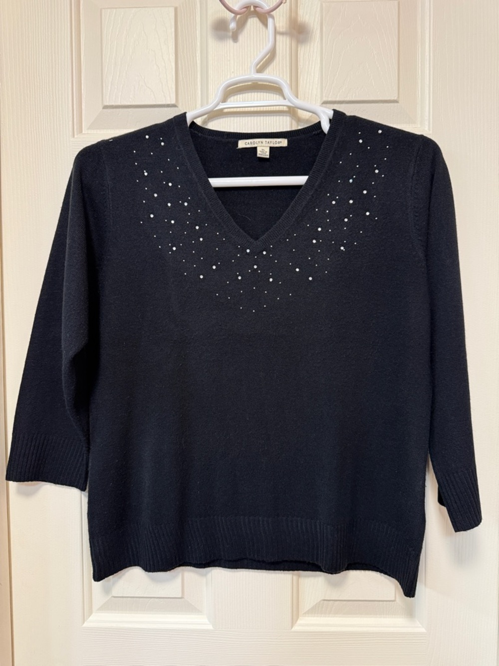Carolyn Taylor Black V-Neck Sweater with Rhinestone Detail